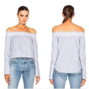 Derek Lam 10 Crosby Swiss dot pinstripe blue off the shoulder long sleeve top